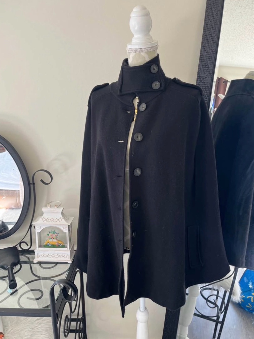 Zara Black Button-Up Wool Cape Coat